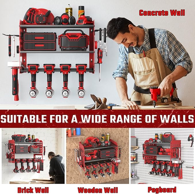 Power Tool Organizer, Heavy Duty Wall Mount Tool Organizer 3 Layers with 4 Drill Holders, Garage Tools Storage Rack with 2 Side Pegboards and Hooks for Workshop, Shed, Red