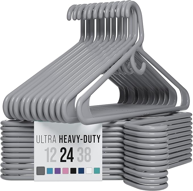 NEATERIZE Ultra Heavy Duty Plastic Clothes Hangers - Grey - Durable Coat, Suit and Clothes Hanger. Perchas De Ropa (24 Pack - Grey)