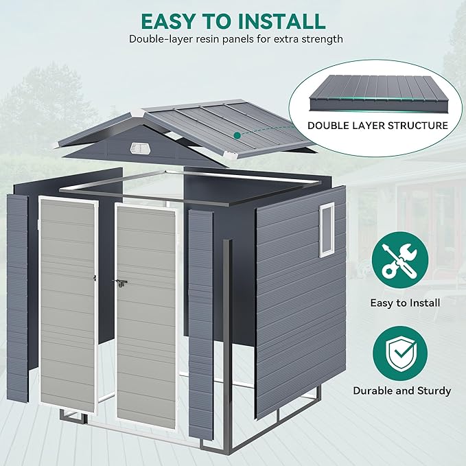 YITAHOME 6x6FT Outdoor Storage Shed w/o Floor, All-Weather Plastic Shed with Lockable Doors, Window & Vents, Plastic Tool Shed for Backyard, Patio, Poolside, Gray