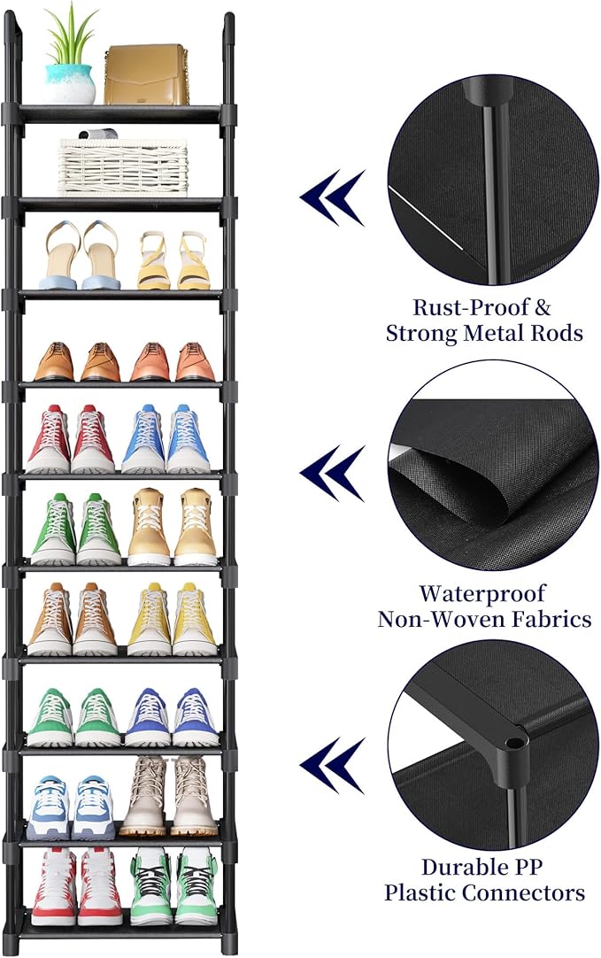 Kitsure Shoe Rack - 10-Tier Shoe Organizer with Detachable Fabric Shelves & Metal Frame, Tall Shoe Rack for Closet, Entrance, Living Room, 16.9" Wide - 10 Tier, Black