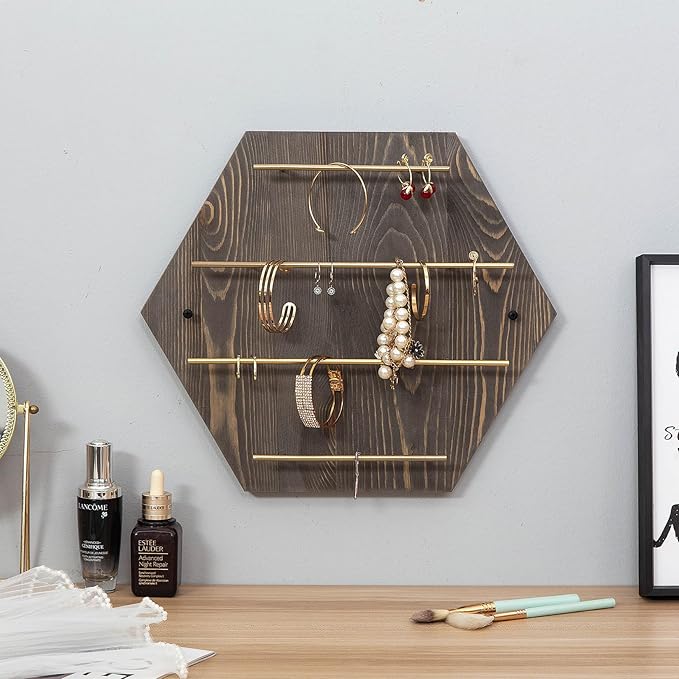 Rustic Style Wall Mount Jewelry Hanger Rack Vintage Back Wood Board 4 Tier Brass Bars Display Holder Necklace Ring Bracelet Ring Earring Watch Organizer Home Boutique Shop Vanity Dresser