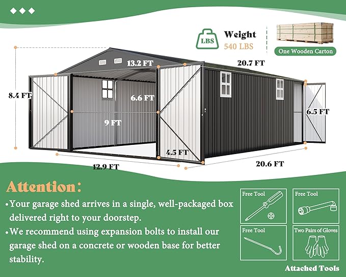 AMERLIFE 13x21x8.4 FT Heavy Duty Metal Garage Shed, Extra Large Outdoor Storage Shed with Double Hinged Doors & 4 Windows, Carport for Car, Boat, Truck and Equipment Storage, Dark Gray