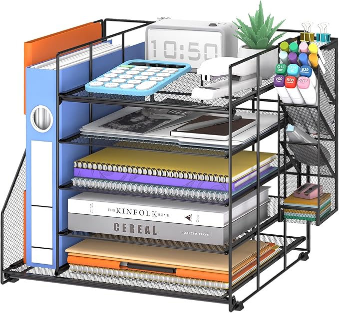 5-Tier Paper Organizer + File Holder + 4 Pen Holders, Desk Organizer Paper Letter Tray for Home, Office and School Supplies, Black