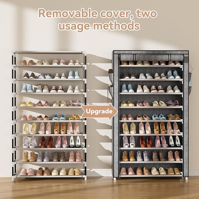 Shoe Rack with Covers 10 Tier Tall Shoe Rack Organizer Large Capacity Shoe Shelf Storage 40 Pairs Space Saving Free Standing Shoe Storage Organizer for Closet, Entryway, Dorm, Printing