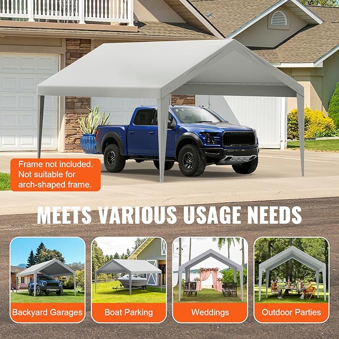 VEVOR Carport Replacement Canopy Cover 12 x 20 ft, Garage Top Tent Shelter Tarp Heavy-Duty Waterproof & UV Protected, Easy Installation with Ball Bungees,Grey (Only Top Cover, Frame Not Include)
