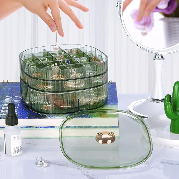 LETURE 3-Layer Acrylic Jewelry Organizer Box for Stud Earrings, Rings, Necklaces, Bracelets, Claw Clip Organizer, Small Bead Storage Containers for Crafts (Green Style2)