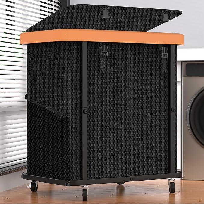 190L (50 Gal) Large Fashion Laundry Basket with Wheels, Leather Patchwork Rolling Hamper Carts, Sturdy Metal Frame, Removable Washable Bag, Tall Clothes Sorter for Bedroom - 2 Setion Black