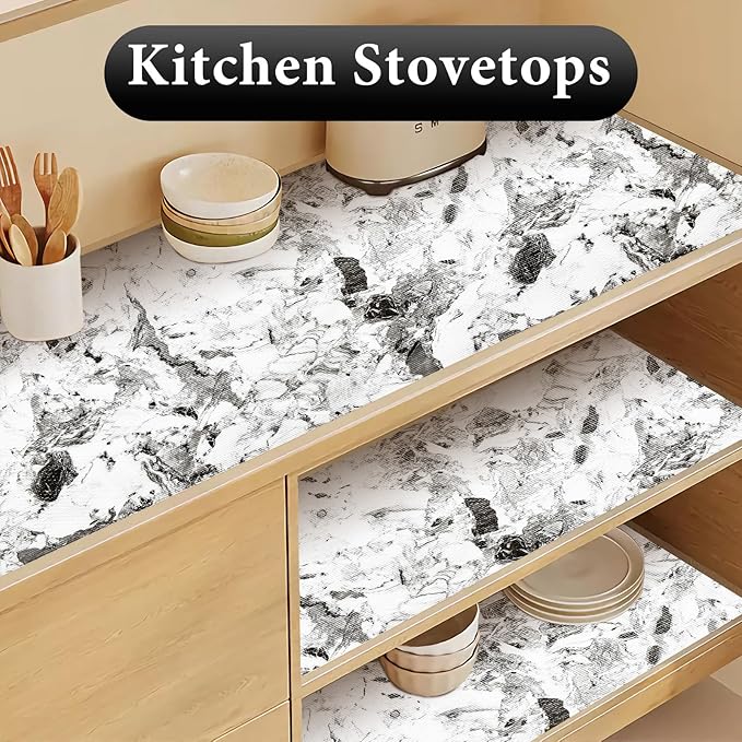Drawer and Shelf Liner for Kitchen Cabinet: 17 in X 20 Ft Non Slip Waterproof Shelf Paper Non Adhesive Refrigerator Liners Grey and White Marble Easy Liners for Bathroom with Knife Tape Measure