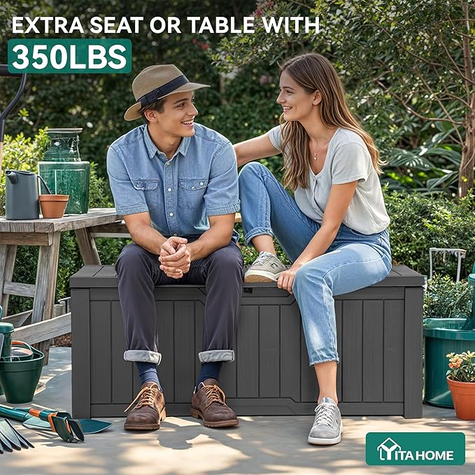 YITAHOME 120 Gallon Resin Deck Box, Weather Resistant Outdoor Storage Box for Patio Cushions, Garden Tools, Pool Supplies, Lockable, Easy Assembly, Extra Seat or Table (Dark Gray)