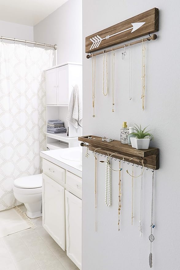 Rustic Necklace and Jewelry Organizer - Hanging Wall Mount Display - Mounted Wooden Holder for Earrings, Necklaces, Bracelets, and Many Other Accessories (Two Piece, Rustic)