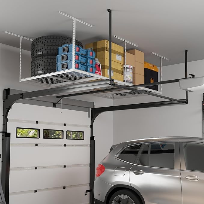 FLEXIMOUNTS 4x8 Overhead Garage Storage Rack, Adjustable Organization System, Heavy-Duty Metal Ceiling Racks, 750lbs Weight Capacity, White, Classic Series
