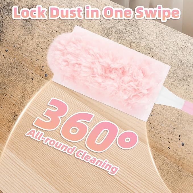 30 Count Pink Duster Refills Compatible with Swiffer Handle, 360° Multi-Surface Duster Refills with 1 Handle, 5X Microfibers Disposable Dusters for Valentines Home, Office Cleaning