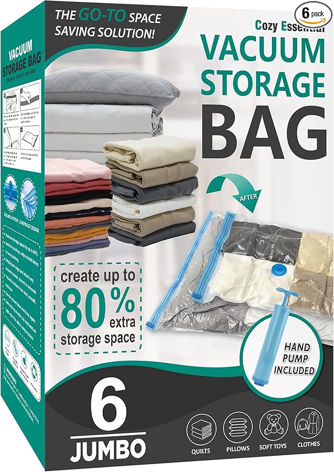 Cozy Essential 6 Jumbo Vacuum Storage Bags, Space Saver Bags Compression Storage Bags for Comforters and Blankets, Pillow, Bedding, Vacuum Sealer Bags for Clothes Storage