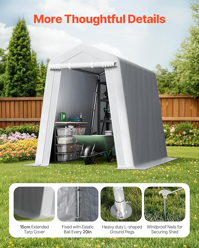 VEVOR 6x8x7 FT Heavy-Duty Portable Outdoor Storage Shed Tent, Waterproof Carport Garage Shelter with Roll-Up Zipper Door & Vents, UV-Resistant Canopy for Motorcycle, Bike, Lawn Mower, Tools, Gray
