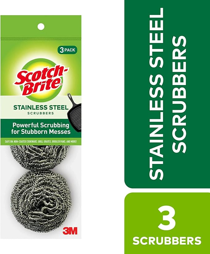 Scotch-Brite Stainless Steel Scrubber for Cleaning Kitchen, Household, and Dishes - 3 Scrubbers (Pack of 2)