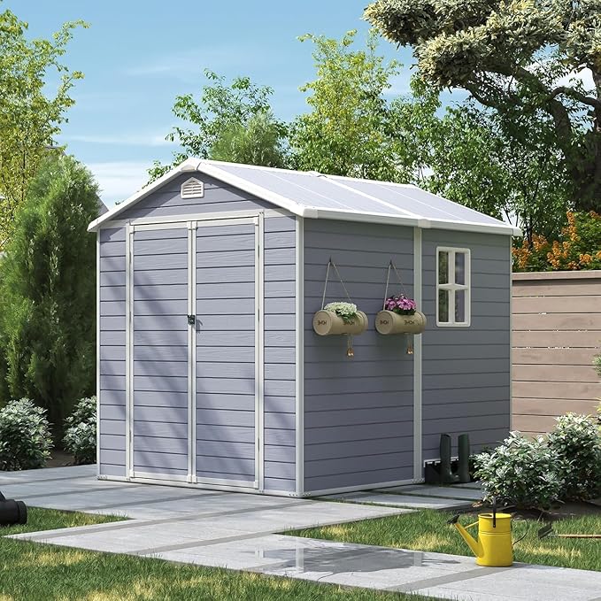 Aoxun 6 x 8 FT Outdoor Storage Shed, Resin Shed with Floor, Small Garden Shed Waterproof Plastic Tool Shed
