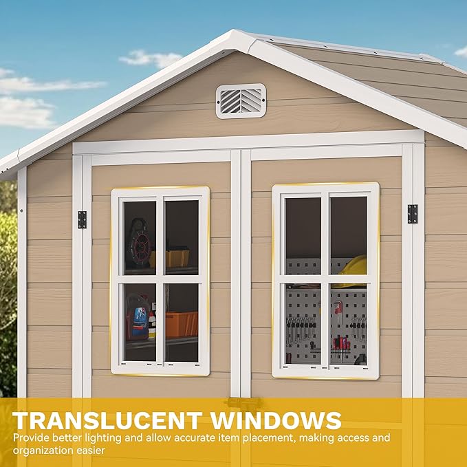 DWVO 6x4.4ft Outdoor Storage Shed, Plastic Garden Tool Shed with 2 Vision Windows, Double-Wall Outside Shed for Mower Lawn, Garden Tool for Backyard Lawn Patio, Lockable, Beige