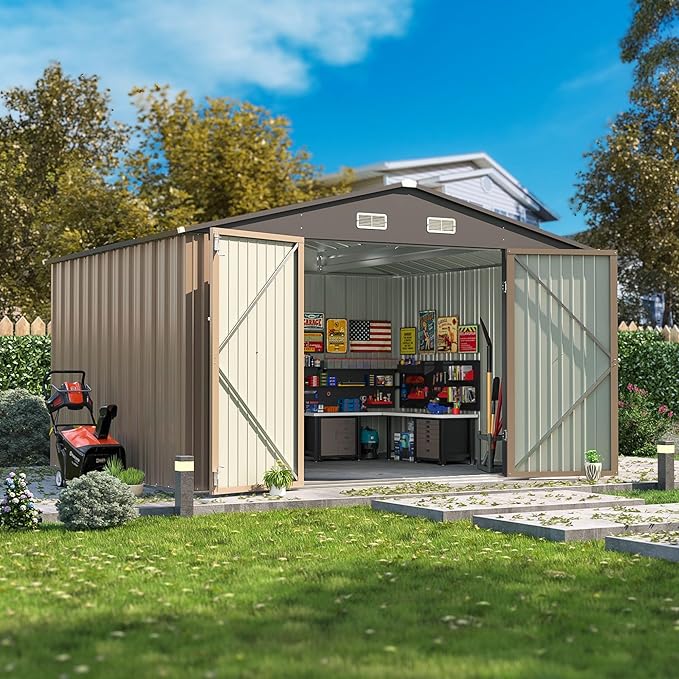 Patiowell 10x8 FT Storage Shed, Outdoor Metal Sheds with Lockable Door and Sloping Roof, Waterproof Outside Large Garden Tool Shed with Breathable Vents for Patio Lawn Backyard, Brown