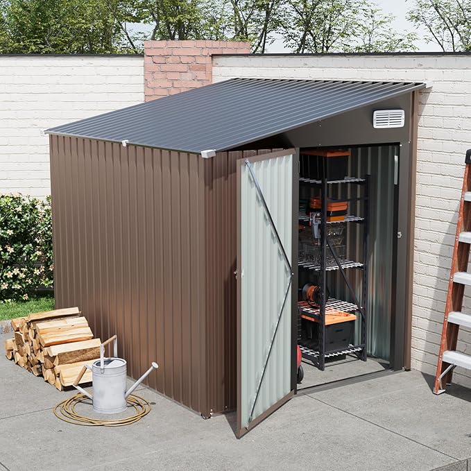 5x7 FT Lean to Shed, Outdoor Metal Storage Shed, Utility Steel Tool Shed with Lockable Door for Bike, Garden, Backyard, Patio, Lawn