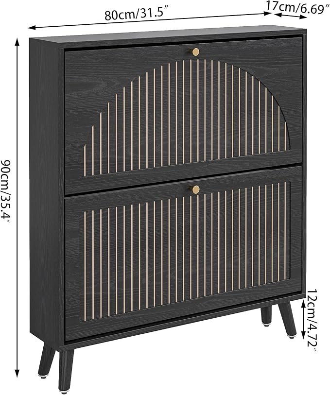 Shoe Storage Cabinet for Entryway with 2 Flip Drawers, Narrow Wood Shoe Cabinet with Fluted Panel, Freestanding Hidden Shoe Organizer for Foyer, Hallway (Black - No Shelf)