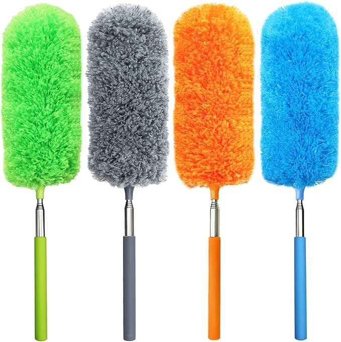 4 Pack Small Washable Microfiber Feather Duster, 13" to 30" Extendable Pole, Microfiber Head, Cleaning Tool for Office, Car, Computer, Furniture, Sofa (Orange/Blue/Green/Gray)