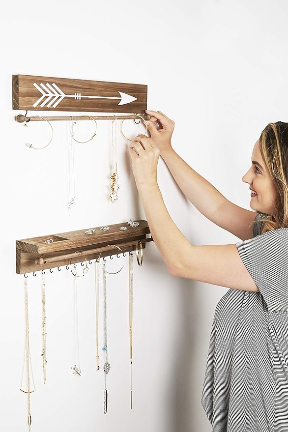 Rustic Necklace and Jewelry Organizer - Hanging Wall Mount Display - Mounted Wooden Holder for Earrings, Necklaces, Bracelets, and Many Other Accessories (Two Piece, Rustic)