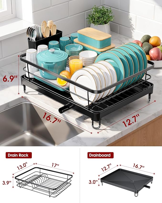 Stainless Steel Dish Drying Rack for Kitchen Counter, Sink Organization and Storage Essentials with Silverware & Utensil Holder, Home and Apartment Decor, 12.5''W x 16.5'L, Black