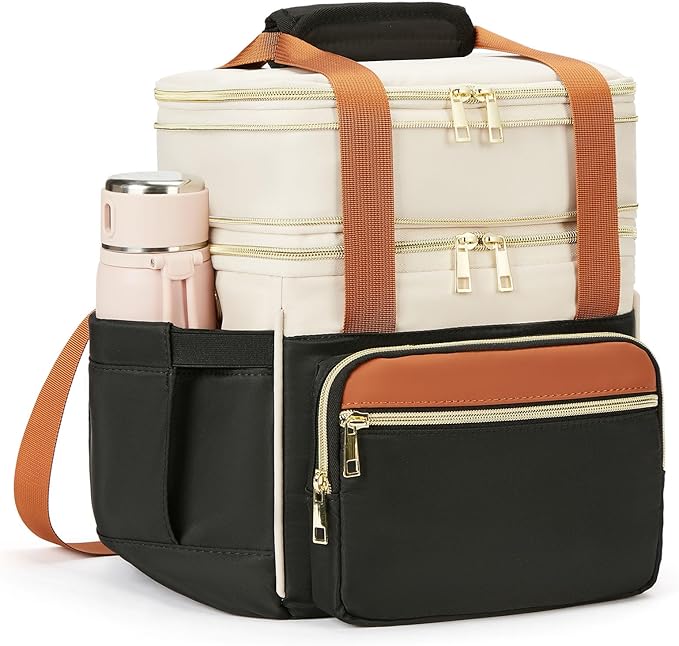 Insulated Lunch Bag & Lunch Box for Women - Double Deck Reusable Lunch Bag for men Tote Cooler Bag Leakproof Soft Expandable - Large Lunchbox for Work/Adult/Picnic/Outdoor (Coffee Black，15L)
