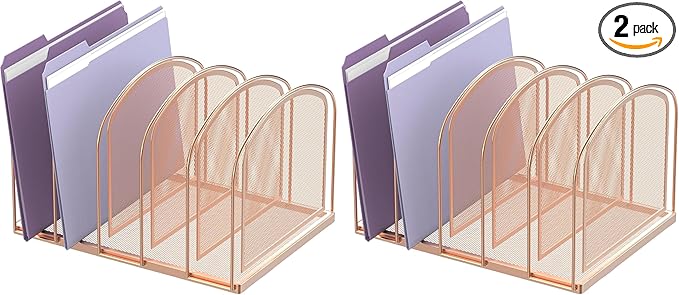 SUPEASY File Organizer for Desk, 5-Section Mesh Desk Organizer, Vertical File Holder Desktop Organizer File Sorter, File Folder Holder for Office Supplies, Rose Gold (Pack of 2)