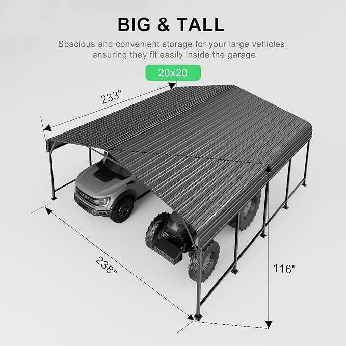 20x20 FT Heavy-Duty Metal Carport, Outdoor Galvanized Steel Shelter for Pickup Trucks, Motorcycles, Boats, Cars & Tractors