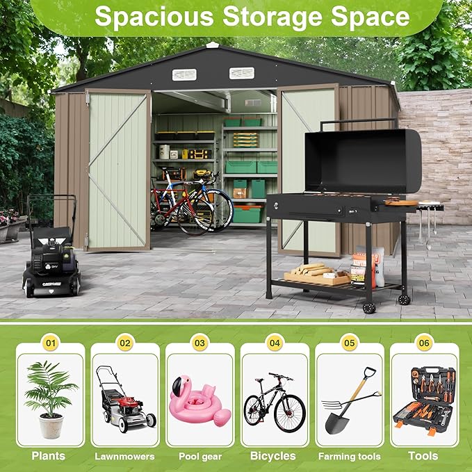 JUMMICO 10 x 10 FT Outdoor Storage Shed, Large Metal Garden Shed & Tool Sheds for Backyard Garden Patio Lawn (Brown)