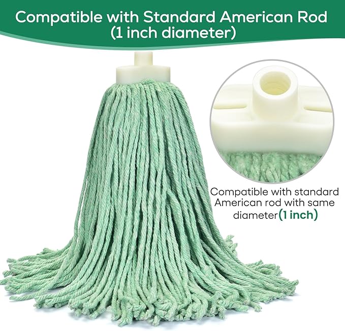 Matthew Cleaning Screw-on Heavy Duty Cotton Wet Mop Replacement Heads(Green, Medium,3Pack) with 2 Pack Microfiber Cloth for Residential & Commercial Floor Cleaning Use- Fit Standard American Screw