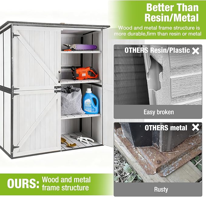 GUTINNEEN Outdoor Storage Cabinet Durable Metal Frame and Solid Wood Vertical Tool Shed with 3 Adjustable Height Shelves and Bottom Floor for Patio, Garden, Backyard, 55" L x 29" W x 67" H