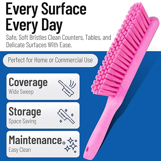 SPARTA Handheld Soft Counter Brush 8 Inch Bristle Span, Multi-Use Dust Brush with 5 Inch Handle for Tables, Countertops, and Delicate Surfaces, Polyester, Pink, (Pack of 6)