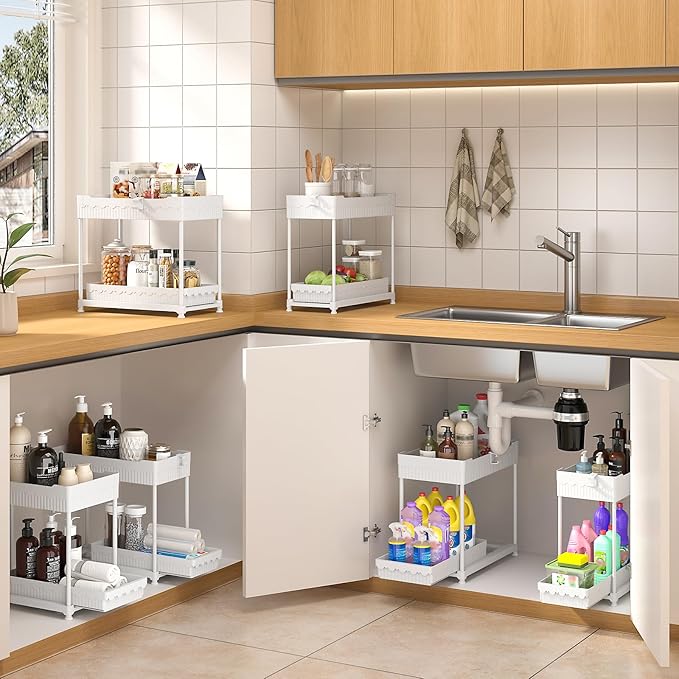 Under Sink Organizer, Bathroom Organizers and Storage, 2 Tier Multi-Use Pull Out Cabinet Organizer with Hang Hooks and Cups (White, 4 Pack)
