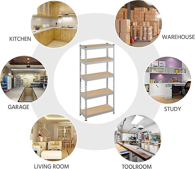 Topeakmart 5-Tier Utility Shelves, Metal Storage Shelves, Adjustable Shelving Units, Boltless Assembly, Garage Shelves Shed Shelving for Warehouse Garage Shed Basement- Light Gray, 27.5 x 12x 60 Inch