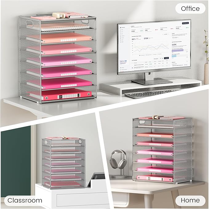 Lavatino 2 Pack 8-Tier Office Desk File Organizer, Letter Tray Paper Organizer with Handle, Including 5 Adjustable Slide Trays for Organizing Desk Workspace Accessories and Supplies (Silver Mesh)
