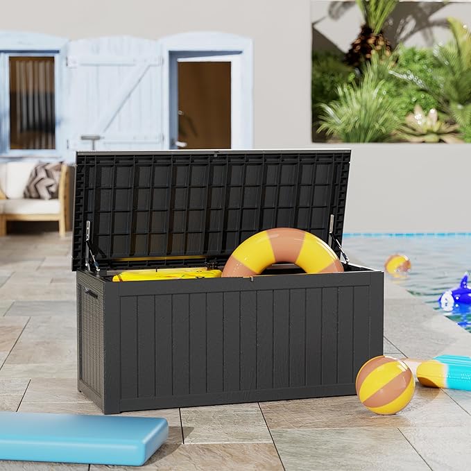 270 Gallon Lockable Resin Outdoor Storage Box, Waterproof & Weather Resistant Deck Box for Patio Cushion, Garden Tools & Pool Accessories, Black