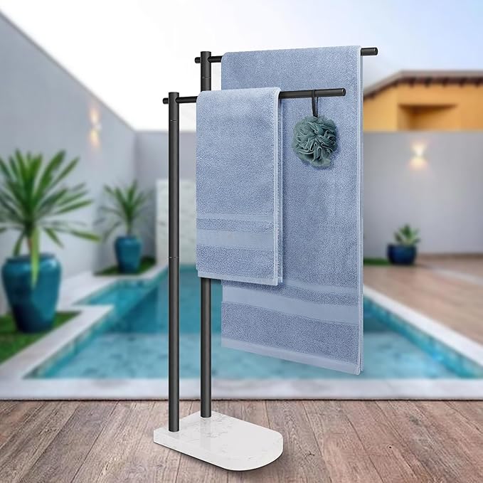 Livabber Standing Towel Rack, 304 Stainless Steel 2-Tier Towel Holder Stand with Marble Base, Modern Stylish Tall Shower Towel Bar for Bathroom Accessories, Pool（Black）