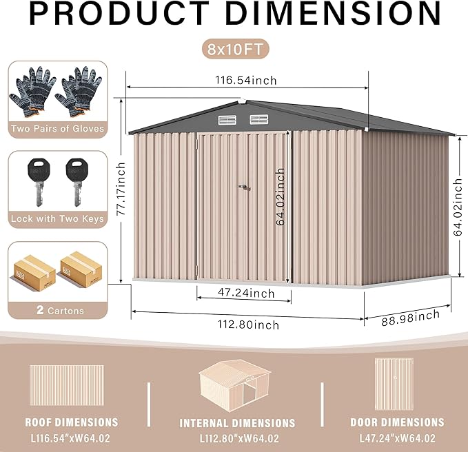 Heavy-Duty 8x10 ft Metal Garden Shed with Air Vent & Lockable Door, Outdoor Storage Shed for Yard, Patio, Lawn, Rust-Resistant Utility Shed, All-Season Use