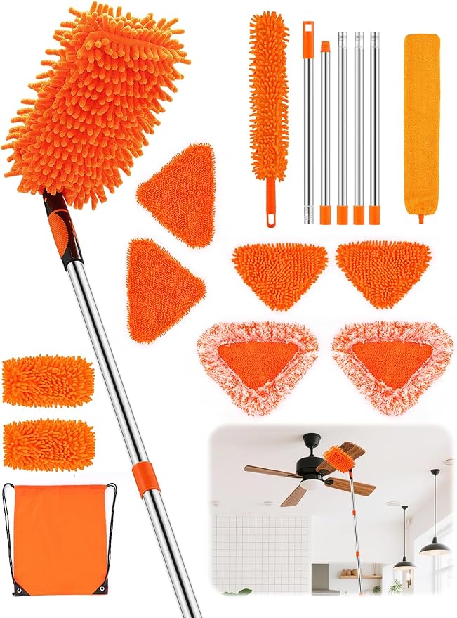 Ceiling Fan Cleaner Duster with 76" Extendable Long Handle,180° Wall Mop Cleaner for Walls/Ceiling Fans/Dust/Baseboards/Floors/Blade Blinds/dDoors Clean,Feather Duster Cleaning Kit