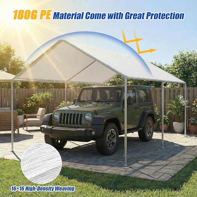 10x20Ft Carport Replacement Canopy Cover, Heavy Duty Waterproof Garage Top Shelter Cover Car Canopy with Ball Bungees(Frame Not Include)