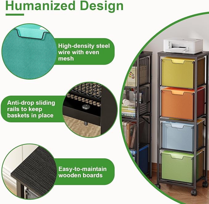 4 Drawers File Cabinet, Vertical Filing Cabinets, Rolling File Cart, Hanging File Folder Organizer with Wheels, Mobile Printer Stand Utility Craft Cart for Home Office,Black