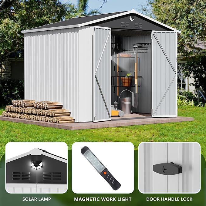 Metal Storage Shed,10x8 Outdoor Storage Building,Large Backyard Sheds with Lockable Doors,Waterproof Outside Storage Sheds，White