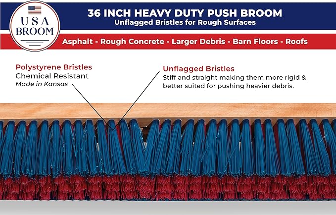 1-Pack - 36" Heavy Duty Outdoor Push Broom with 60" Handle. Ideal for Asphalt, Concrete & Heavy Debris. Durable American Made Steel Brackets-Stainless Steel Hardware. No Plastic. 100% USA Made