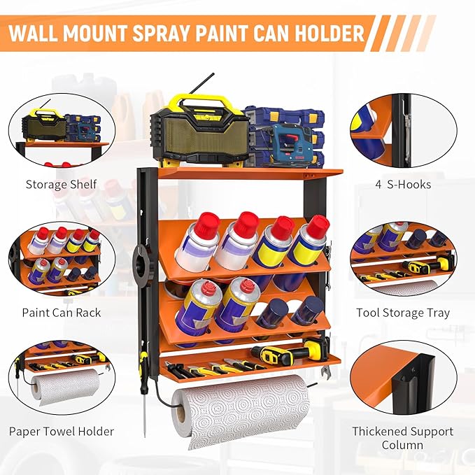 Spray Bottle Holder Wall-Mounted, Aerosol Spray Can Holder, Heavy Duty Paint Bottle Organizer with 8 Can Holes 80 LBS, Utility Storage Rack with Paper Towel Holder for Garage, Shop or Tool Trailer