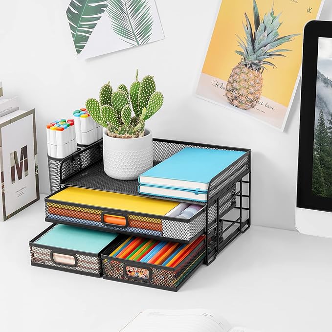 Marbrasse 3 Tier Mesh Desk Organizer with Drawer, Multi-Functional Desk Organizers and Accessories, Paper Letter Organizer with 2 Pen Holder for Home Office Supplies (Black)