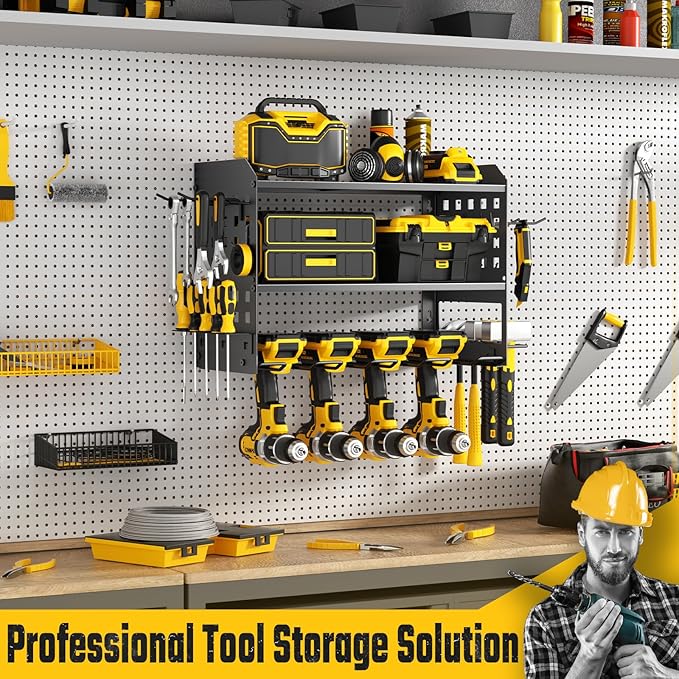 Power Tool Organizer, Heavy Duty Wall Mount Tool Organizer 3 Layers with 4 Drill Holders, Garage Tools Storage Rack with 2 Side Pegboards and Hooks for Workshop, Shed, Black