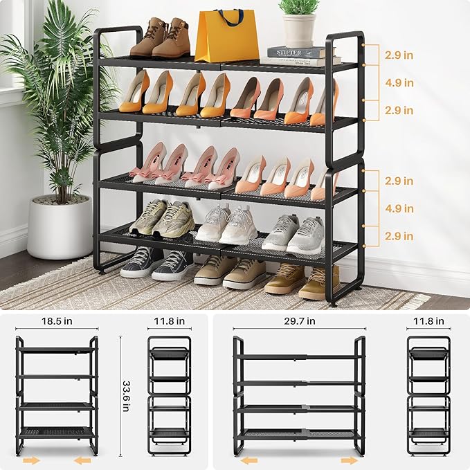 Shoe Rack - Expandable Shoe Organizer for Closet, Adjustable Metal Shoe Shelf Storage, Stackable Long Shoe Stand Holder for Garage, Entryway, Door Entrance (Black, 4-Tier)