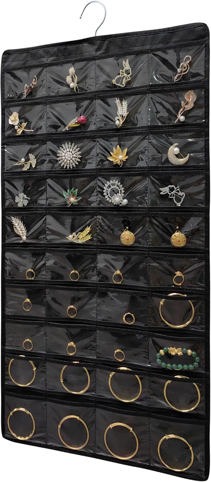 80 Pocket Hanging Jewelry Organizer with Hanger Metal Hooks Storage On Wall Door Closet Double-Sided(Each Side 40 Pockets) Jewelry Holder for Earrings, Necklaces, Rings (4 PACK BLACK)